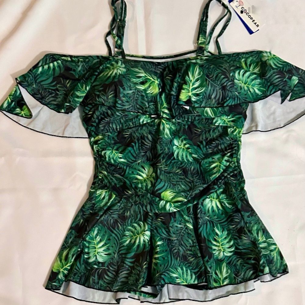 CocoPear Plus Swimwear One Piece Off Shoulder Skort Plants